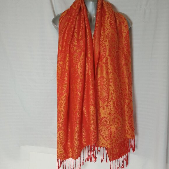 Orange Paisley Cashmere Slik Scarf Shawl Wrap Stole Silk Soft Women Warm 28 x 70 - Picture 1 of 16